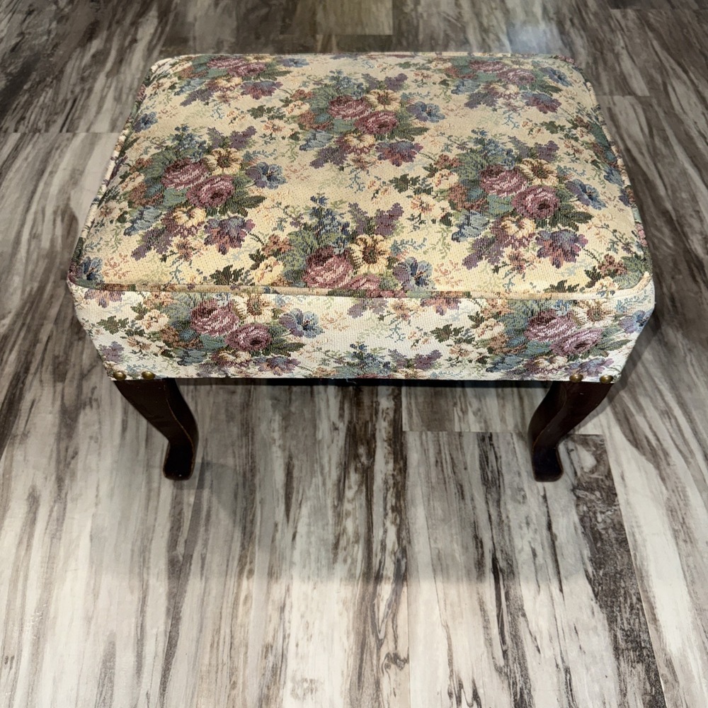 Vintage Footstool Ottoman Floral Tapestry Wood Legs Cream Blue Mauve Flowers
